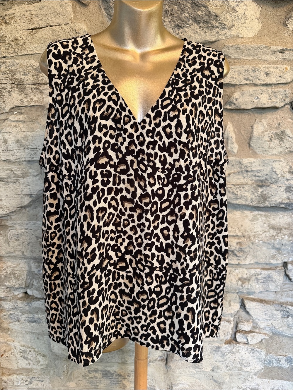 Sleeveless V-Neck Leopard Print Top - Black & Cream
